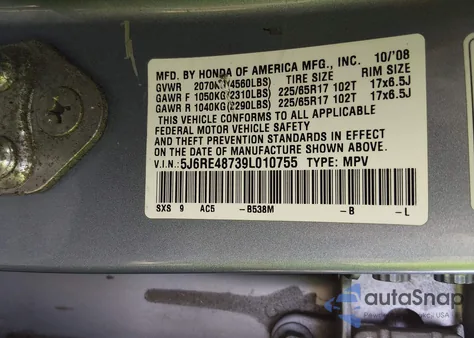 2009 Honda Cr-V Ex-L z USA, uszkodzony, nr VIN 5J6RE48739L010755